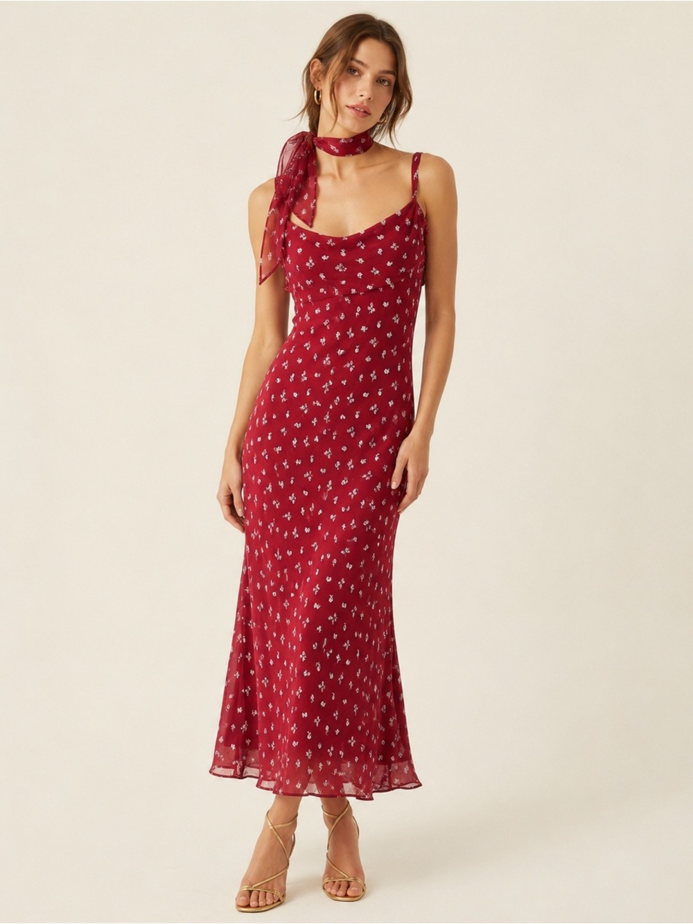 Vintage 90s Y2k Ralph Lauren Slip Dress Floral Bodycon Midi Neck Scarf Dupatta 2